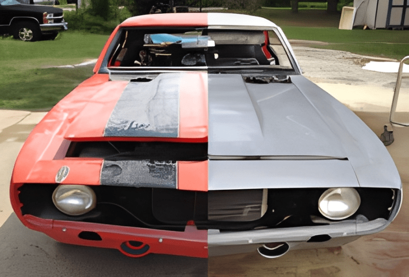 Car restoration showing contrasting paint colors.