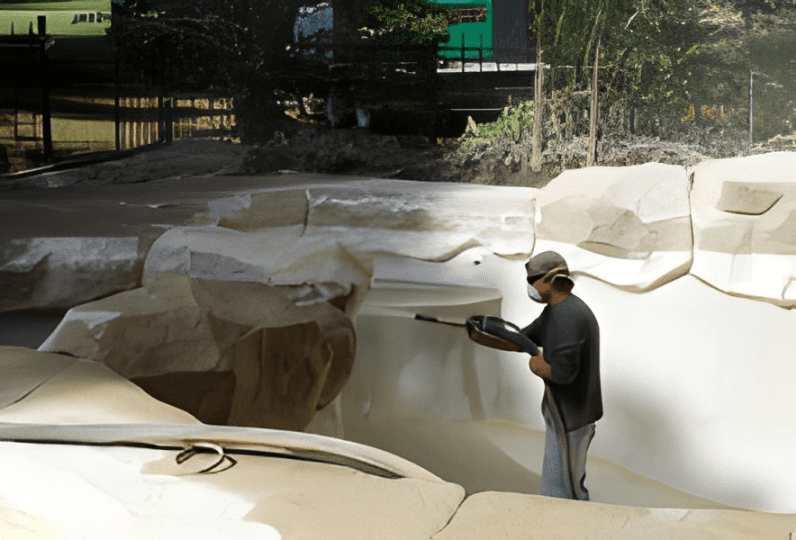 Worker cleaning empty pool with hose